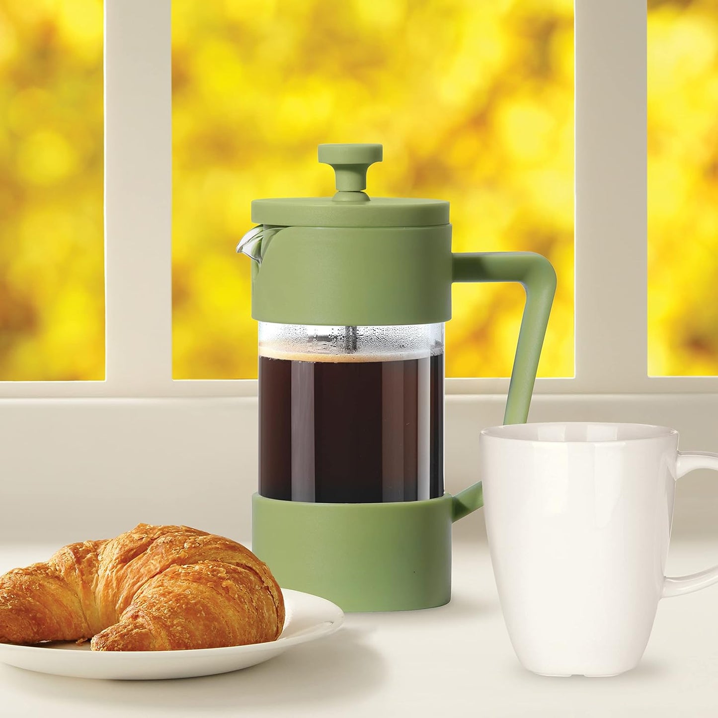 French Press Coffee Maker (12Oz)- Borosilicate Glass, Coffee Press, Single Cup French Press, 3 Cup Capacity, Olive
