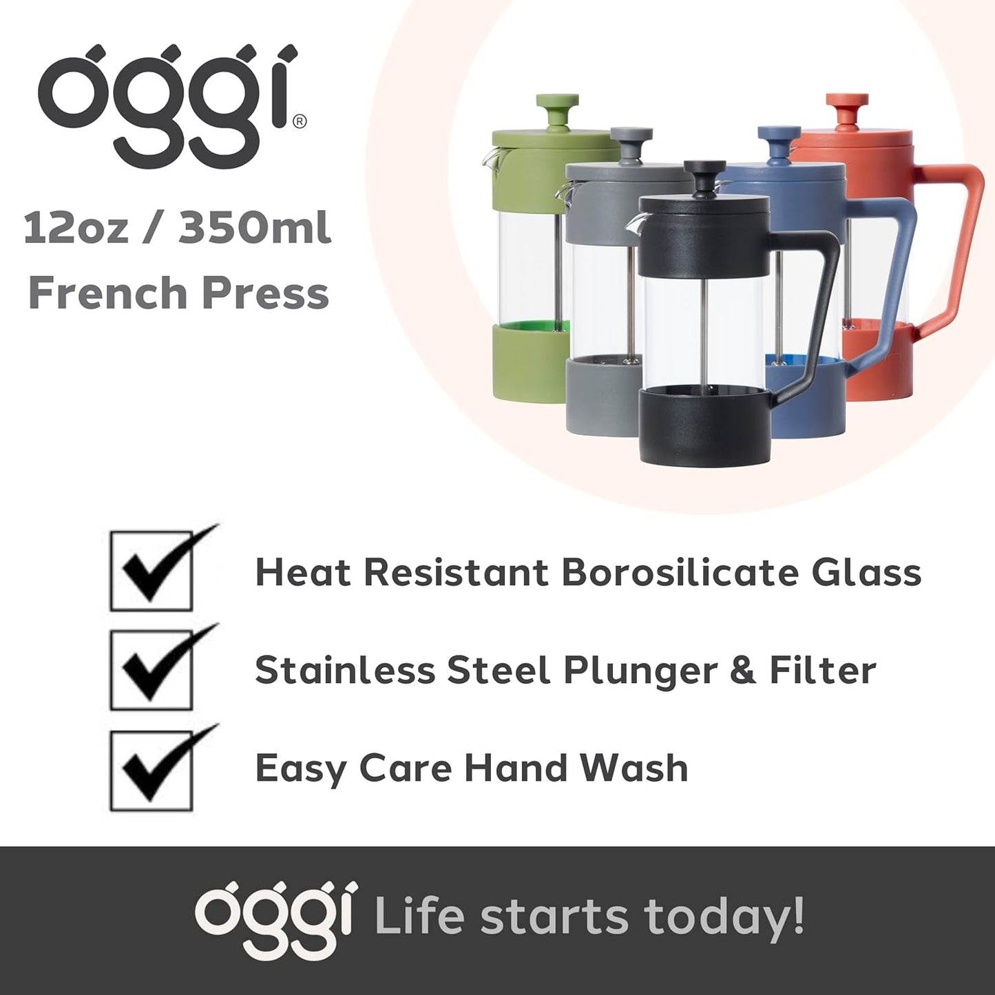 French Press Coffee Maker (12Oz)- Borosilicate Glass, Coffee Press, Single Cup French Press, 3 Cup Capacity, Olive