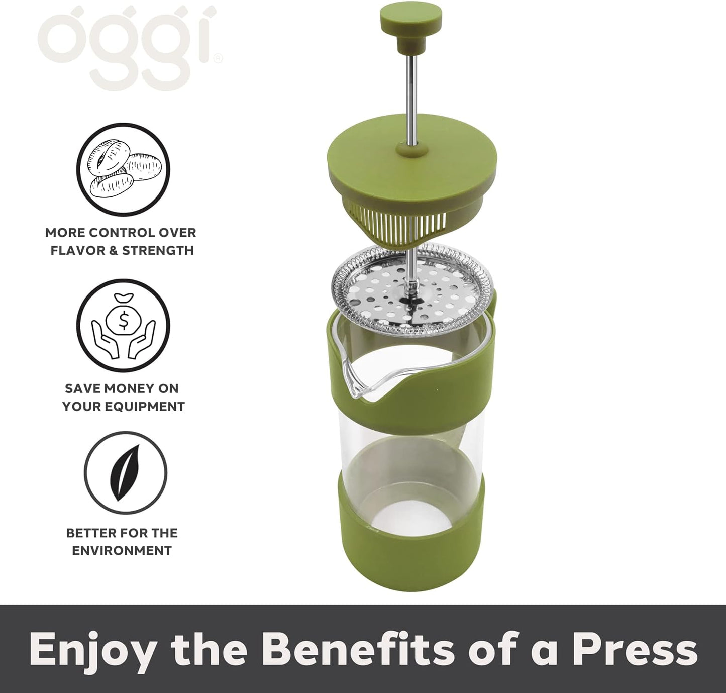 French Press Coffee Maker (12Oz)- Borosilicate Glass, Coffee Press, Single Cup French Press, 3 Cup Capacity, Olive