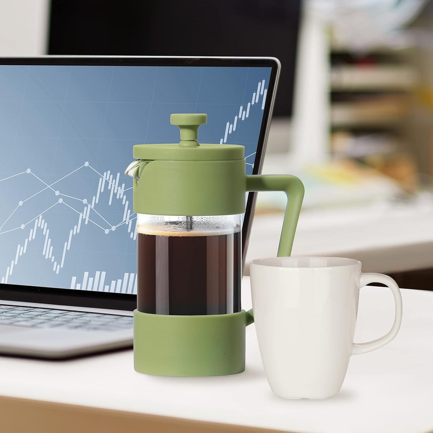 French Press Coffee Maker (12Oz)- Borosilicate Glass, Coffee Press, Single Cup French Press, 3 Cup Capacity, Olive