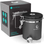 Stainless Steel Canister - Medium 16Oz, Gray Coffee Grounds and Beans Container with Date-Tracker, Co2-Release Valve, and Measuring Scoop - Ideal Coffee Lovers Gifts for Her