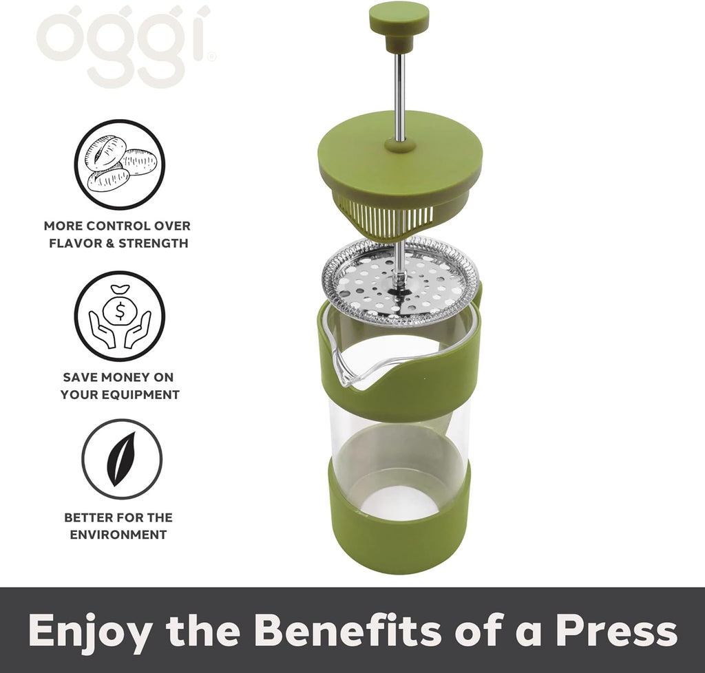 French Press Coffee Maker (12Oz)- Borosilicate Glass, Coffee Press, Single Cup French Press, 3 Cup Capacity, Olive