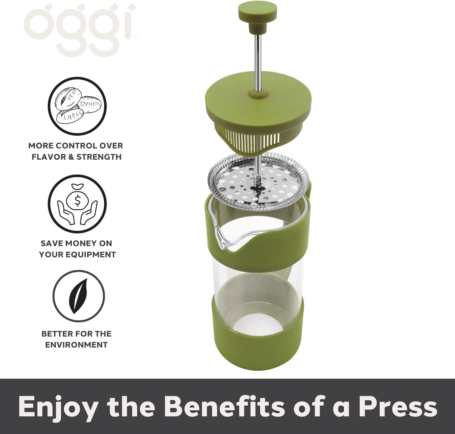 French Press Coffee Maker (12Oz)- Borosilicate Glass, Coffee Press, Single Cup French Press, 3 Cup Capacity, Olive