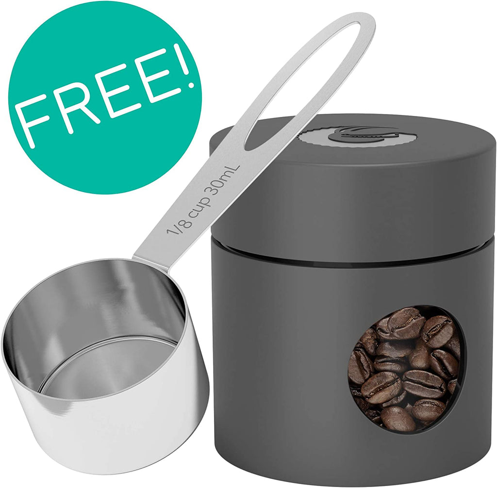 Stainless Steel Canister - Medium 16Oz, Gray Coffee Grounds and Beans Container with Date-Tracker, Co2-Release Valve, and Measuring Scoop - Ideal Coffee Lovers Gifts for Her