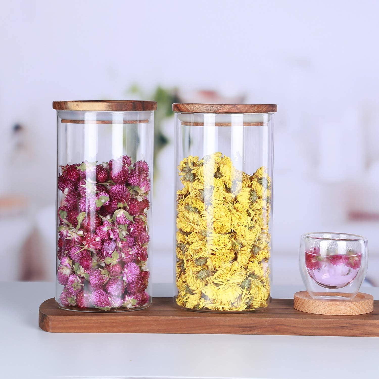 Glass Canister with Wood Lid,Tea Canisters for Loose Tea,Airtight Tea Containers,Airtight Glass Container for Loose Leaf Tea,Coffee Bean,Glass Jar Wood Lid,39 Fluid-Oz (1.2 Quart)